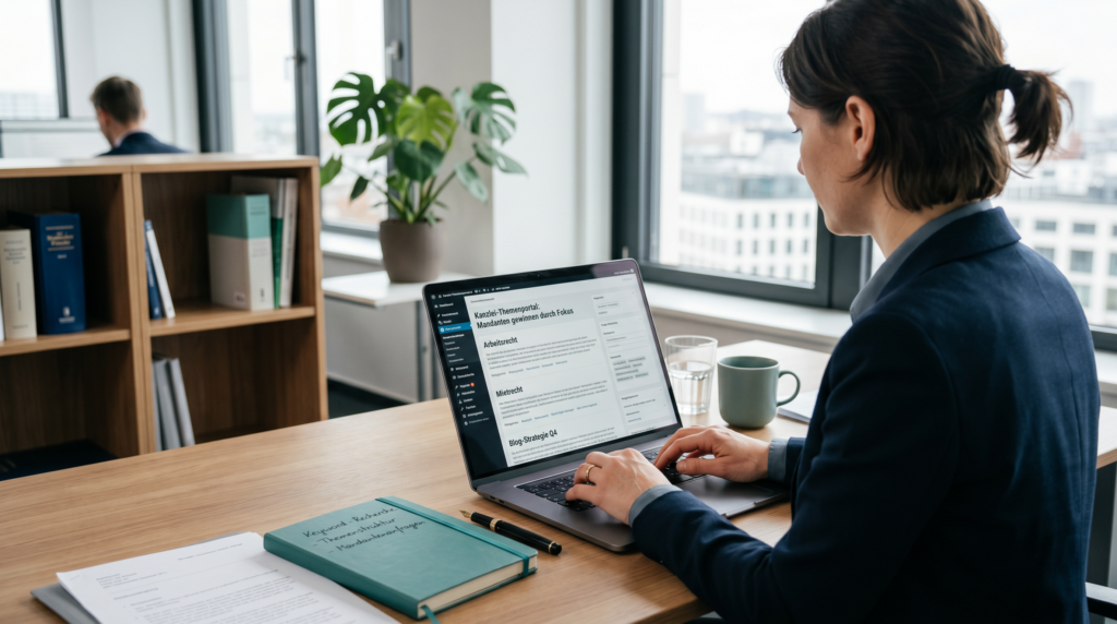 Frau arbeitet am Laptop im modernen Büro