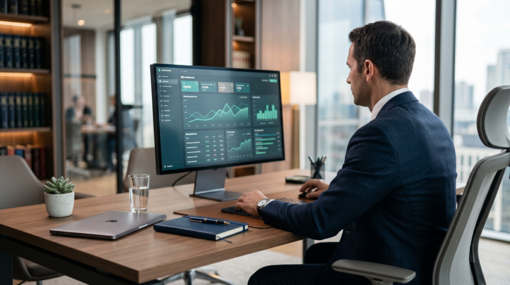 Geschäftsmann analysiert SEO-Dashboard am Schreibtisch