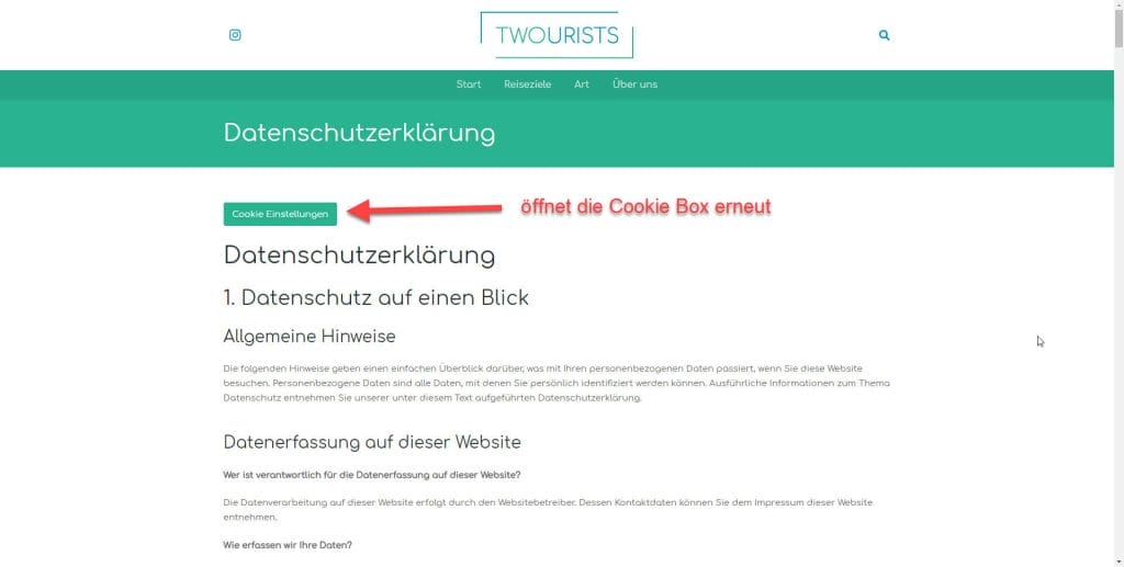 Schaltfläche für Cookie-Einstellungen auf der Datenschutzseite