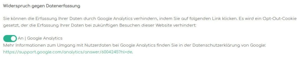 Hinweis zum Deaktivieren der Google-Analytics-Datenverarbeitung