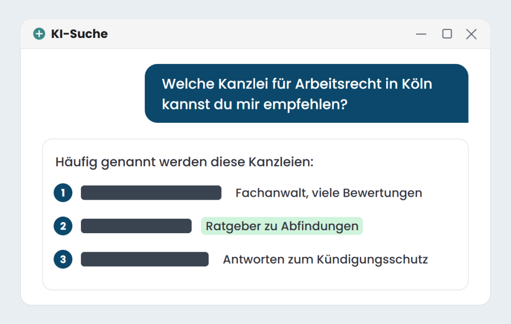 Beispiel: Antwort der KI-Suche auf die Frage nach einer Kanzlei für Arbeitsrecht in Köln, Kanzleinamen geschwärzt
