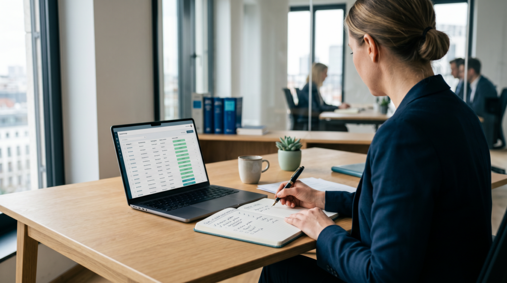 Frau arbeitet mit Laptop im modernen Büro
