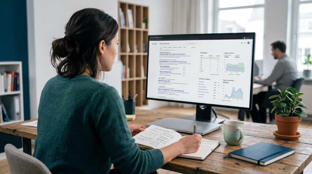 Frau analysiert SEO-Daten am Desktop-Computer