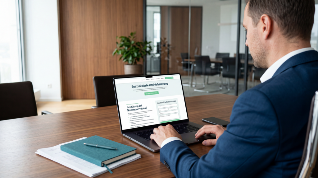 Mann im Büro nutzt Laptop für Rechtsberatung