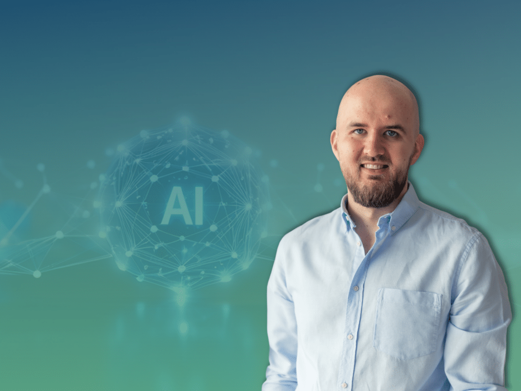 Mann vor KI-Netzwerk-Grafik auf türkisfarbenem Hintergrund